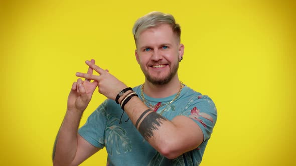 Cheerful Tourist Man Showing Hashtag Symbol with Hands Likes Tagged Message Popular Viral Content