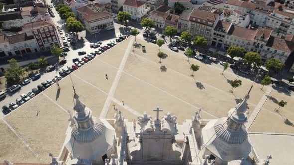 Gothic style church towers, Alcobaça Monetary. Unesco World heritage site. Aerial forward