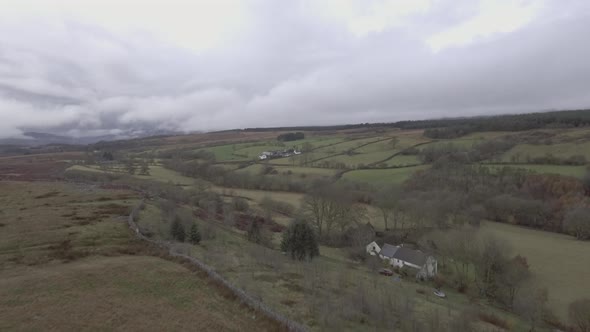 Countryside aerial view with sheeps grazing in the fields