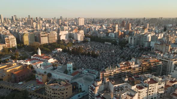 Aerial establishing shot of La Recoleta Cemetery in Buenos Aires city