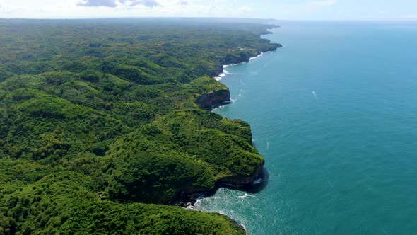 Pristine Kesirat coast covered with lush green tropical forest, Java Indonesia