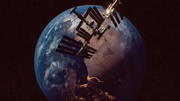 International Space Station in Outer Space Over the Planet Earth Orbit