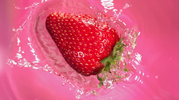 Super Slow Motion of Falling Strawberry Into Splashing Water