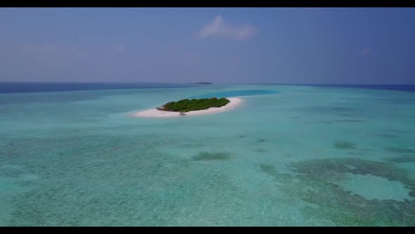 Aerial flying over travel of marine resort beach time by turquoise water with white sandy background