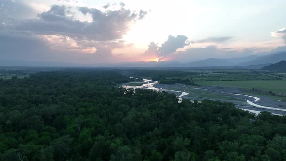 Flying over Alazani river at sunset. Kvareli, Georgia 2022 summer