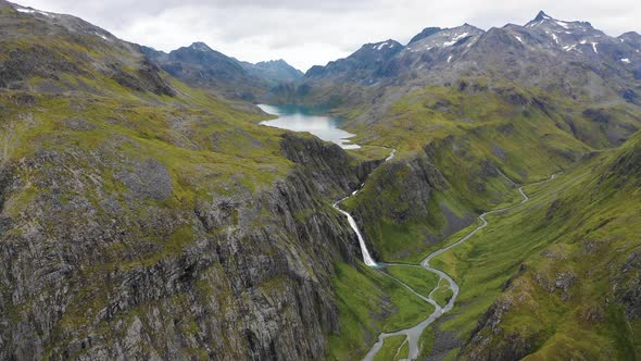 Aerial view of a waterfall in Anderson Bay, Unalaska, Alaska, United States.