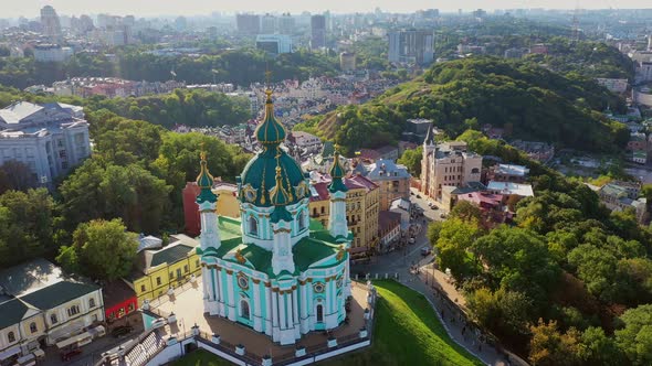 Aerial Drone Video Famous St. Andrews Church and Panorama of Kyiv, Ukraine