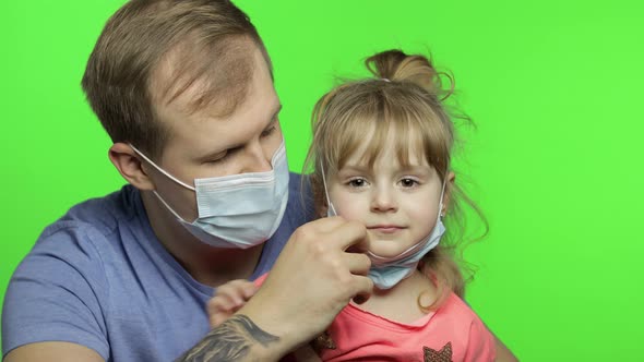 Sick Father and Daughter in Medical Mask. Coronavirus Concept. Family Quarantine