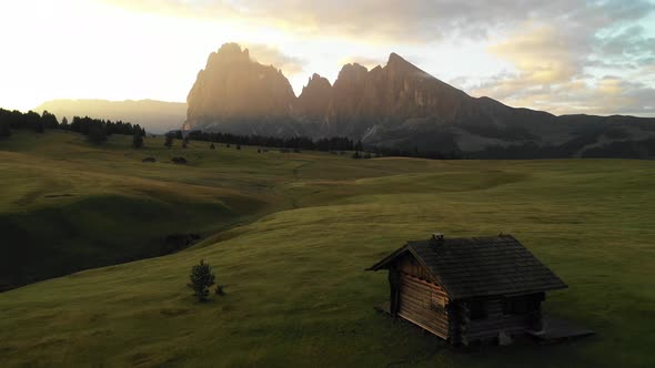 Aerial video of the sunrise in the Dolomites mountains