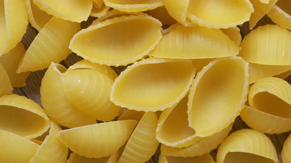 Top View of Seashell Pasta. Durum Wheat Pasta. Food Background. Close Up.
