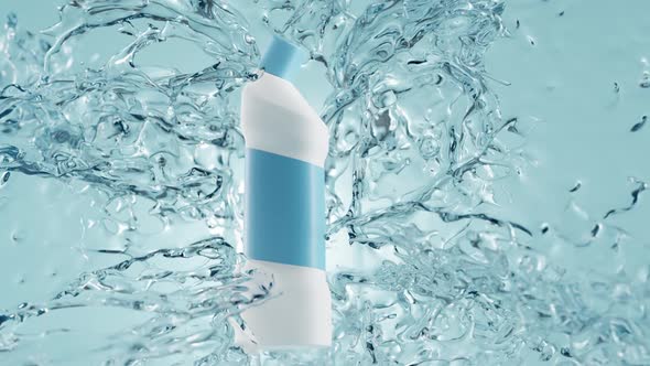 Detergent product bathroom cleaning ad, liquid bleach toilet cleaner bottle in frozen water splash