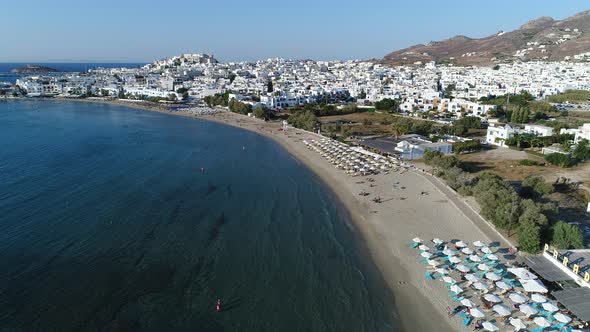 Village of Chora on the island of Naxos in the Cyclades in Greece from the sky