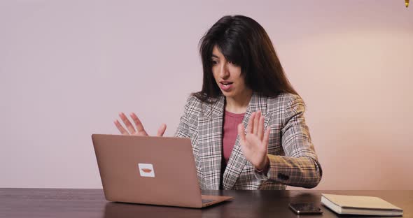 Young Successful Brunette Woman Celebrate Victory Triumph Look at Laptop Winning Lottery Bid Using