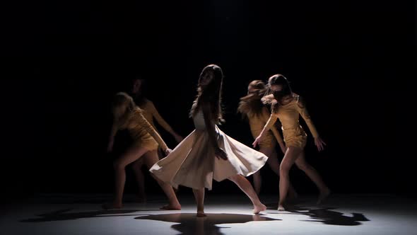 Five Beautiful Girls Start Dancing Modern Contemporary Dance, on Black, Shadow