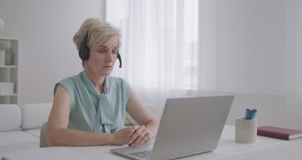 Experienced Online Consultant Woman Is Talking Online with Client By Video Chat at Laptop, Working