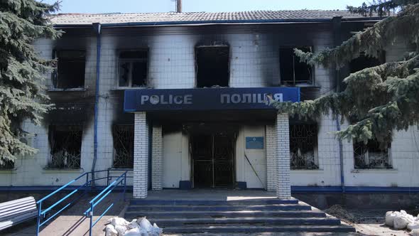 War in Ukraine  the Destroyed and Burned Building of the Police Station in Borodyanka Kyiv Region