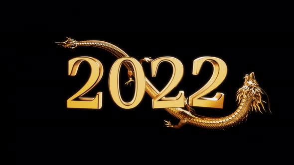 Gold chinese dragon move around year letter 2022 text. alt