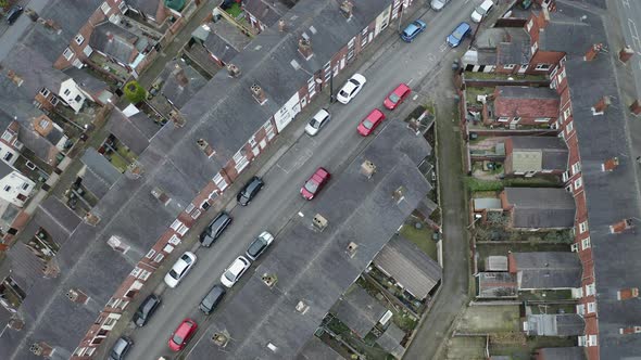 Overhead aerial footage of terrace housing in one of Stoke on Trent's poorer areas, poverty and urba