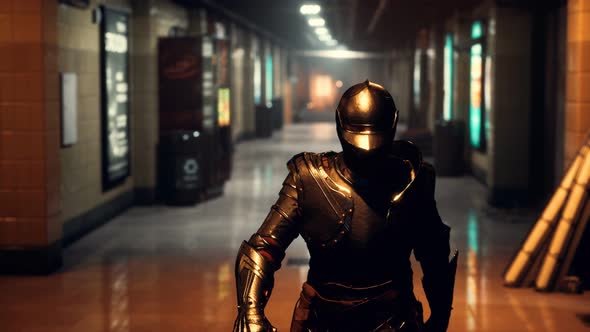 Ancient Metal Armored Knight in Metro Subway alt