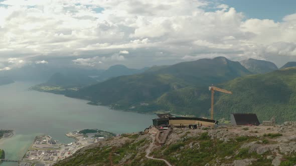 Scenic View Of Fjord And Mountain From Nesaksla With Eggen Restaurant In Norway. - aerial