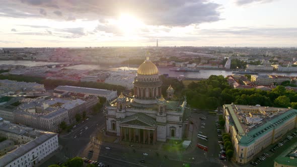 Golden Dome of Isaac Cathedral at Sunrise Dron