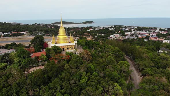 Classic Buddhist Temple Between Forest. From Above Drone View Buddhist Monastery Between Green Trees