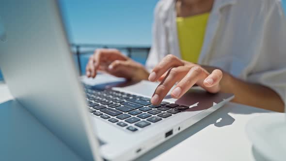 Female Hands of Business Woman Professional User Worker Using Typing on Laptop Notebook Keyboard Sit