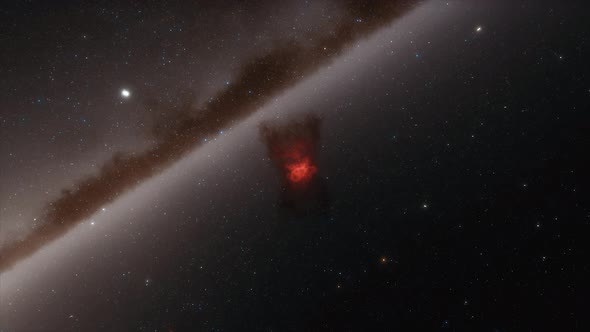Spaceship Flies Near Red Nebula in Space