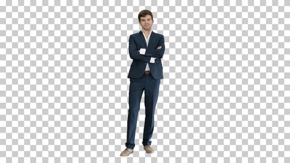 Handsome young businessman standing arms, Alpha Channel