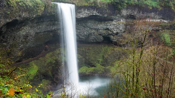 Tight shot of timelapse shot of a waterfall in Silver Falls State Park, Oregon