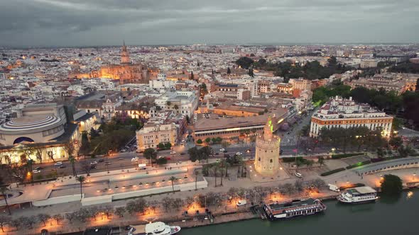 Aerial View of the Seville Old Town at Night Andalusia Region Spain