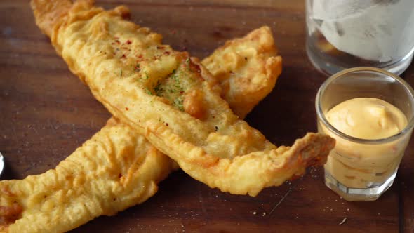 Fish Fillet  Chips and Potato Mash on Table