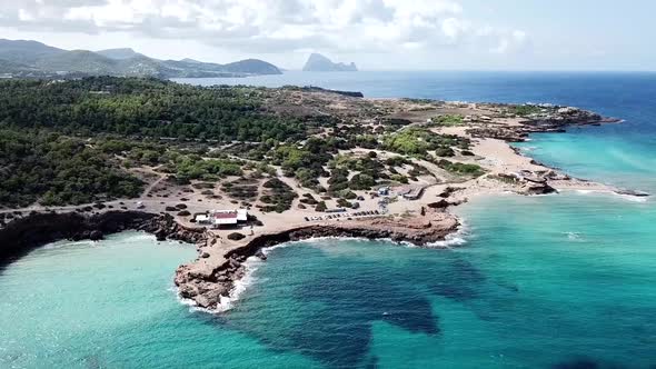 Drone bird view of Cala Comte, one of the most beautiful places on Ibiza