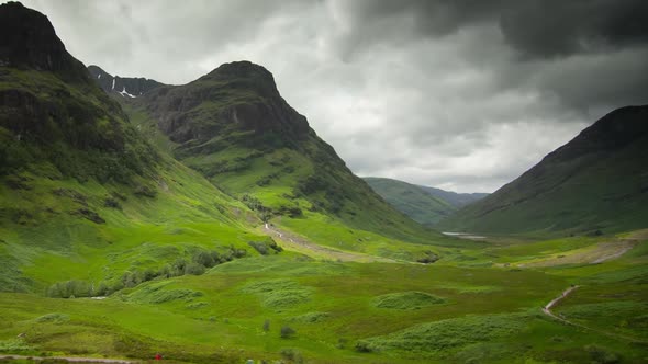 TIME LAPSE - The Three Sisters of Glen Coe, Scottish Highlands, wide pan left