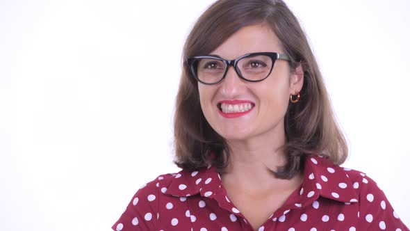 Face of Happy Beautiful Woman with Eyeglasses Thinking