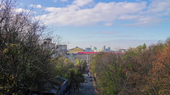 Kyiv city center district, Ukraine. clouds and cars motion, 4k time lapse.