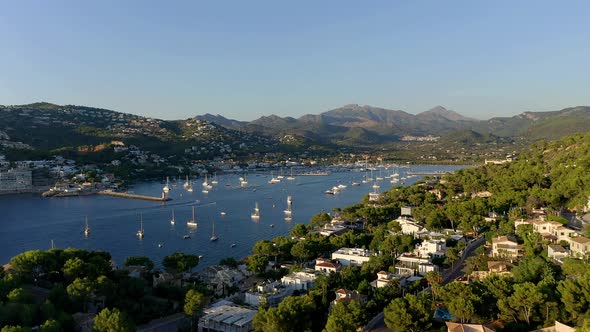 View over bay of Port Andratx with boats, Mallorca, Spain