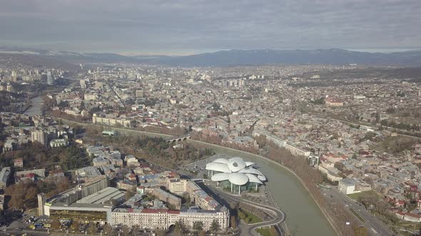 Aerial view of Baratashvili Bridge and Public Registry. Tbilisi Georgia