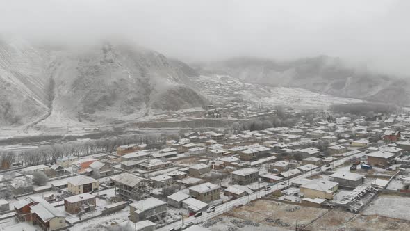 Aerial view of small town Stepantsminda, near mountain Kazbek, Georgia