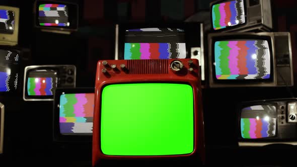 Vintage TVs with Color Bars and Green Screen. Zoom Into Green Screen.