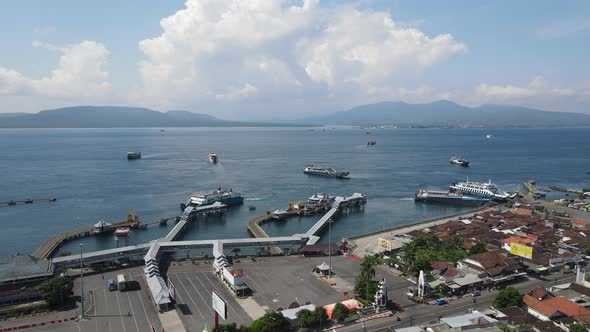 Aerial view of Port in Banyuwangi Indonesia with ferry in Bali Ocean