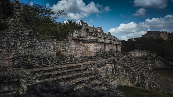 Panning time lapse to the right of Ek Balam Mayan ruins near Valladolid, Yucatan, Mexico.