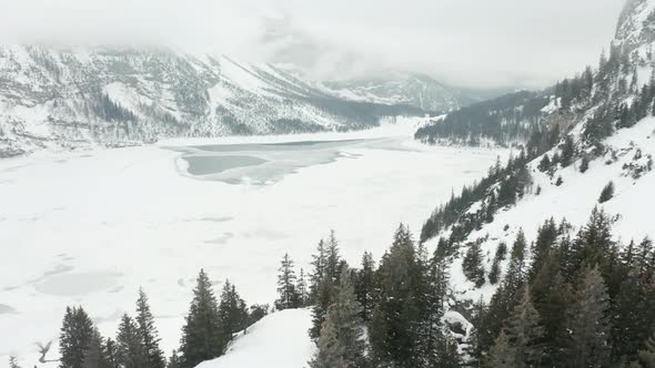 Aerial of frozen lake, revealing pine trees at mountain side