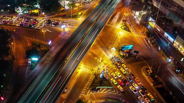 Time Lapse of Busy Highway Road Junction in Metropolis City Center at Night