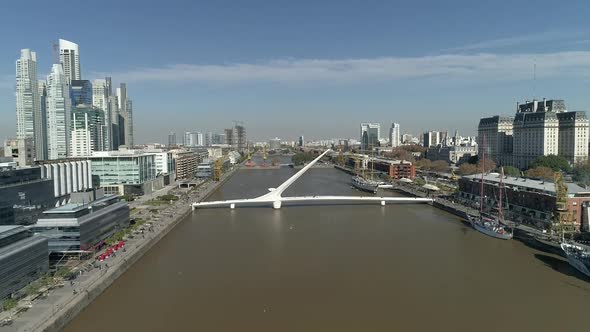 Aerial view of Buenos Aires city, Puerto Madero. Puente de la Mujer Footbridge.