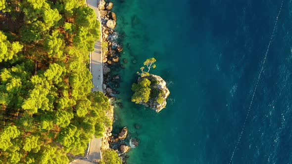 Croatia. Aerial view on rocks and forest. Vacation and adventure. Rocks and turquoise water. 