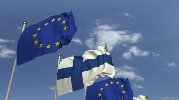 Row of Waving Flags of Finland and the EU