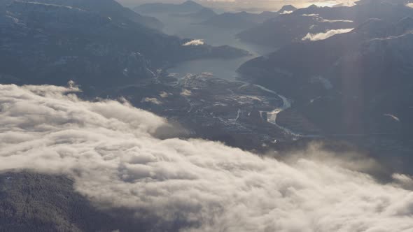 Aerial View of a Small City Squamish in Howe Sound During Winter Season