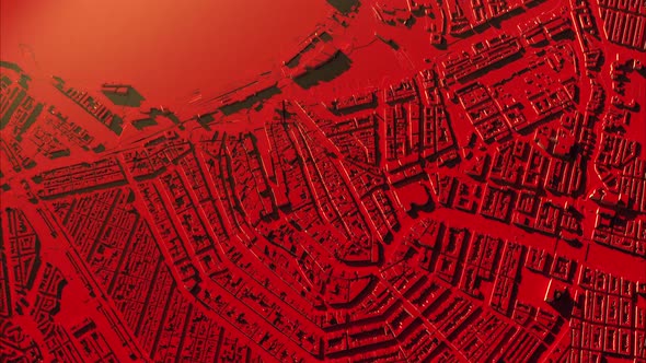 3D city model on map with houses colored red smooth tilt architectural animation.