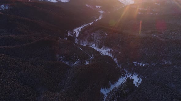 Aerial View in Sunrise Winter Mountain